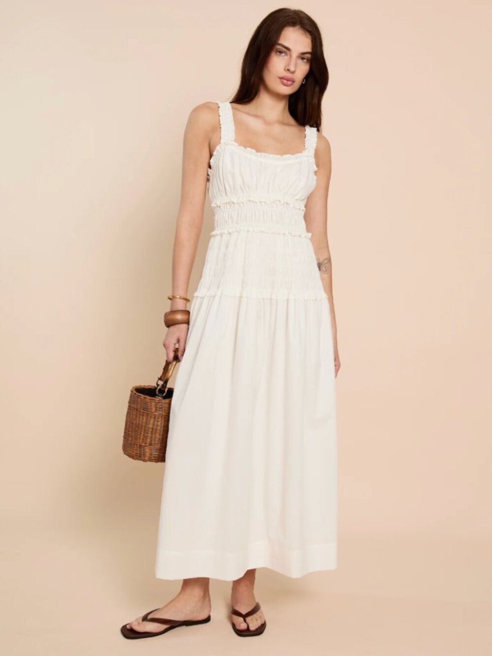 White Smocked Maxi Dress with Square Neck